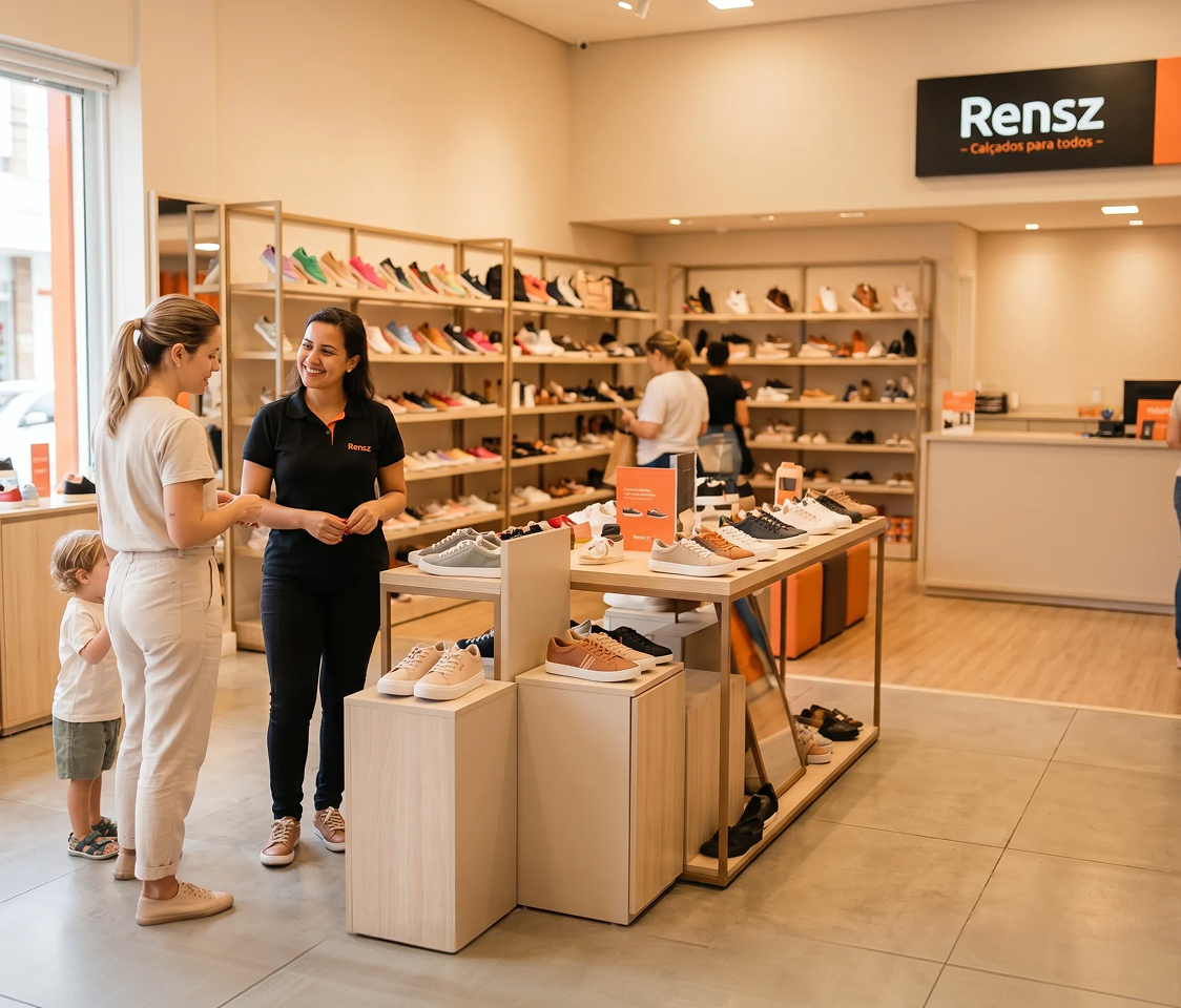 Interior de uma loja Rensz, com clientes e atendimento